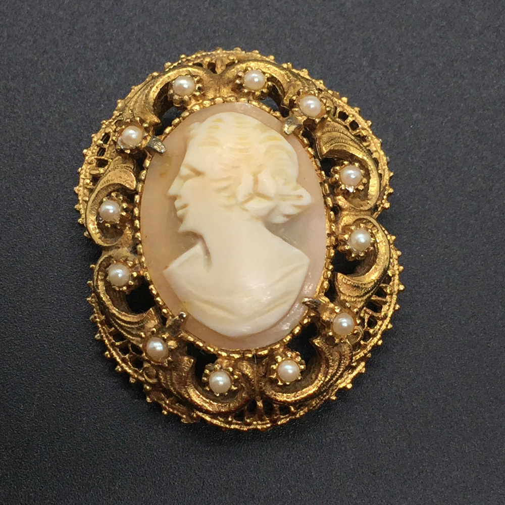 Genuine Cameo Pin / Pendant with Faux Pearl